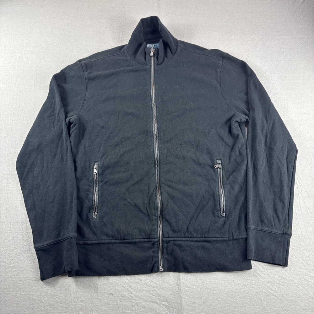 Vintage Polo Ralph Lauren Sweatshirt Mens M Black Zip Up Pockets Sweater Y2K 90s